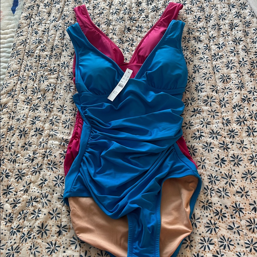 PAIR of JCrew swimsuits - Blue and Pink One-Piece Swimsuits